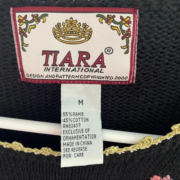 Vintage Floral Embroidered Y2K Pullover Sweater Tunic Womens Size Medium Black - Picture 11 of 13